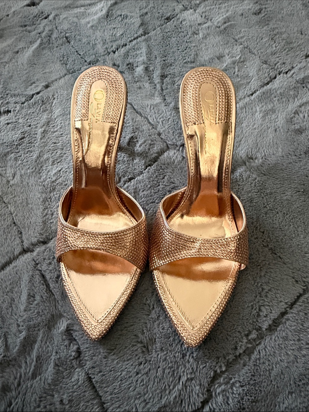 Metallic Rose Gold Pointed Mule Heels - Women Shoes